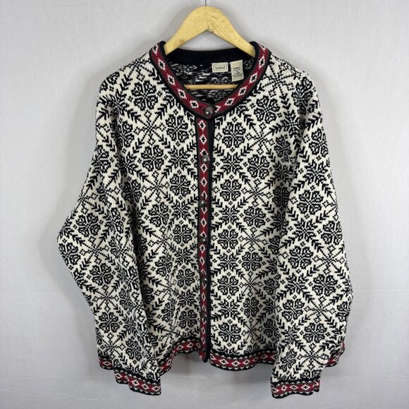L.L. Bean Women’s 3X Norwegian Style Cardigan Sweater Black Cream Red Knit - Picture 1 of 5